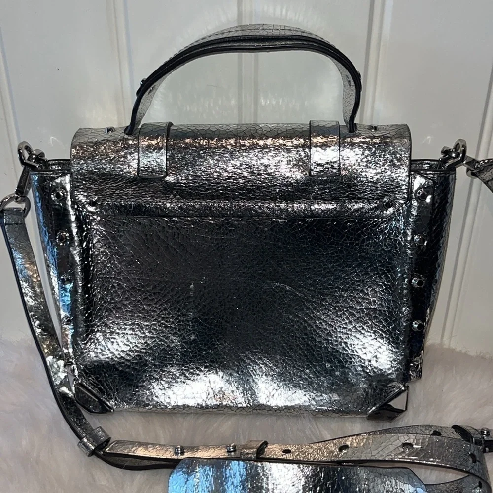Michael Kors Silver Leather Satchel Handbag cyberpunk Avant Garde artsy unique